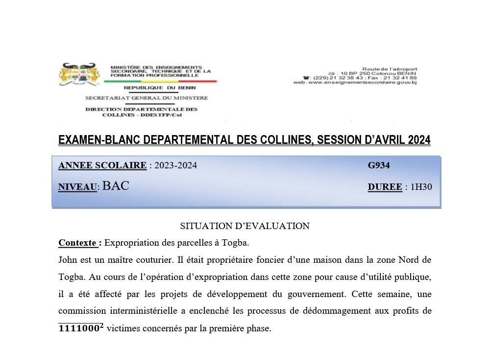 Aperçu de la première page — TleA2&B Mathématique - Examen Blanc - Collines