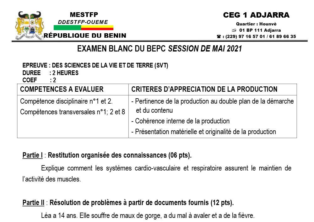 Aperçu de la première page — SVT BEPC Blanc CEG1 Adjarra 2021