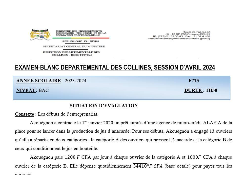 Aperçu de la première page — TleA1 Mathématique - Examen Blanc - Collines