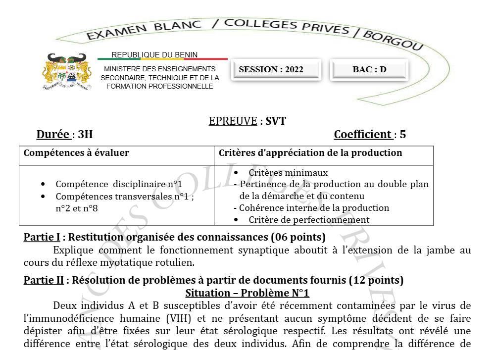 Aperçu de la première page — SVT Série D BAC Blanc Collectif des Collèges Privés du Borgou 2022