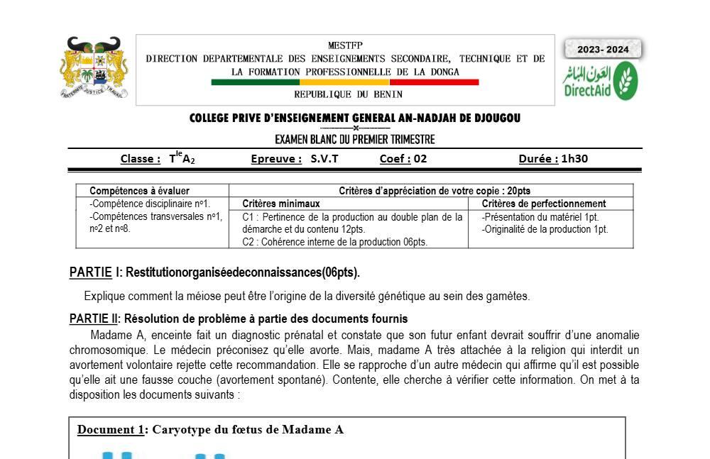 Aperçu de la première page — SVT Tle A BAC Blanc CPEG An Nadjah (Djougou) 2023 2024