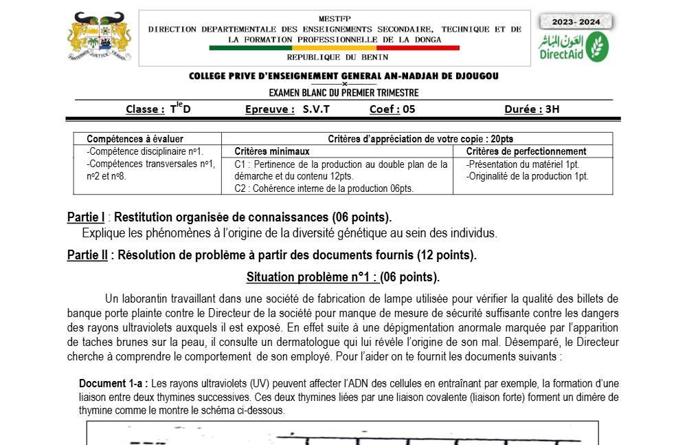 Aperçu de la première page — SVT Tle D BAC Blanc CPEG An Nadjah (Djougou) 2023 2024