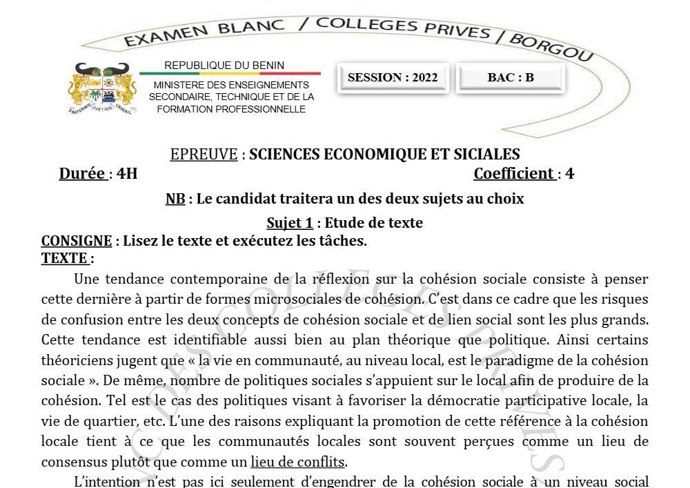Aperçu de la première page — Économie Série B BAC Blanc Collectif des Collèges Privés du Borgou 2022