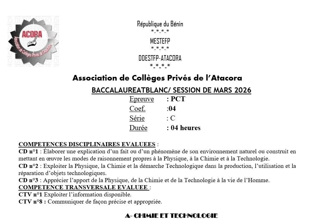 Aperçu de la première page — BAC BLANC ACOPA ATACORA Physique Chimie Technologie Série C 2026