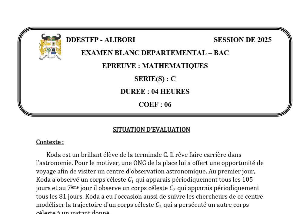 Aperçu de la première page — BAC BLANC ALIBORI Mathématiques Série C 2025