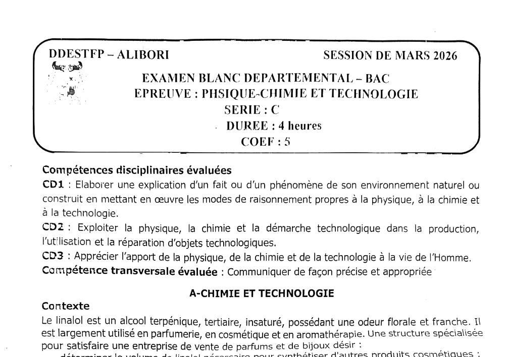 Aperçu de la première page — BAC BLANC ALIBORI Mathématiques Série C 2026