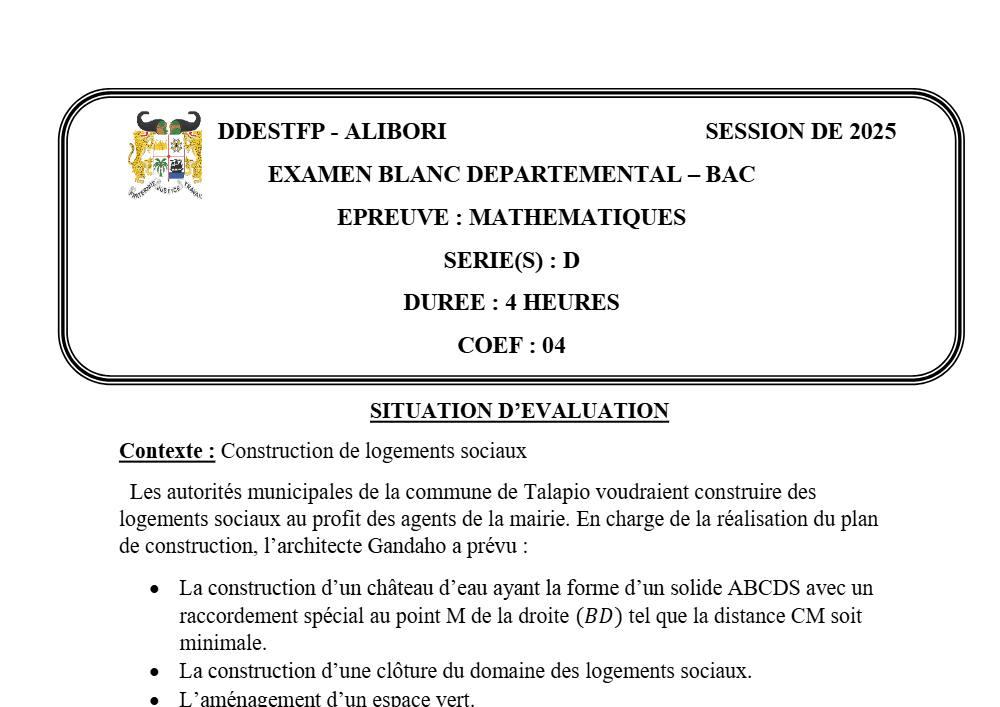 Aperçu de la première page — BAC BLANC ALIBORI Mathématiques Série D 2025