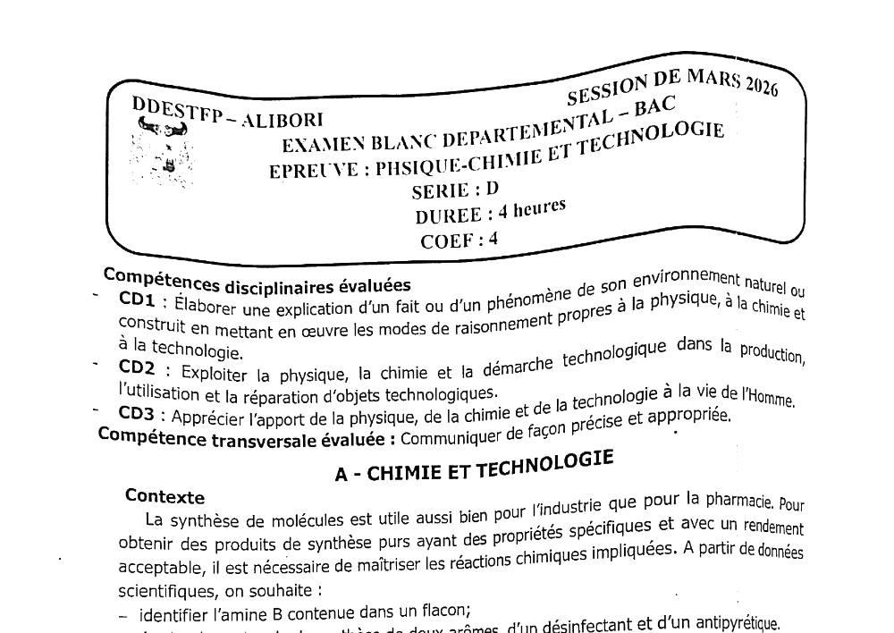 Aperçu de la première page — BAC BLANC ALIBORI Mathématiques Série D 2026