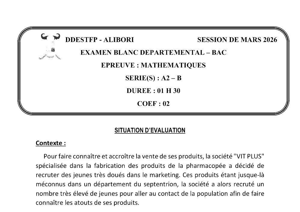 Aperçu de la première page — BAC BLANC ALIBORI Mathématiques Séries A2 B 2026