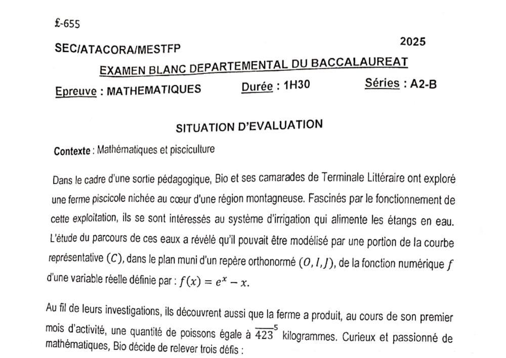 Aperçu de la première page — BAC BLANC ATACORA Mathématiques Séries A2 B 2025