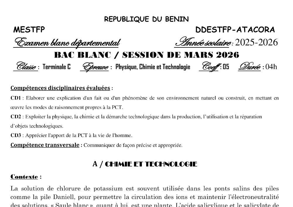 Aperçu de la première page — BAC BLANC ATACORA Physique Chimie Technologie Série C 2026