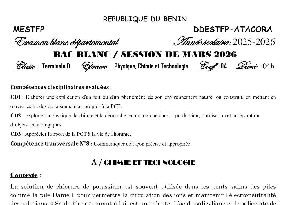 Aperçu de la première page — BAC BLANC ATACORA Physique Chimie Technologie Série D 2026