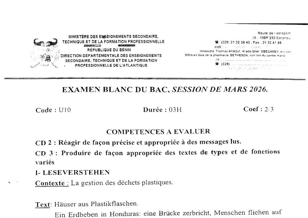 Aperçu de la première page — BAC BLANC ATLANTIQUE Allemand LV1 Séries A B 2026