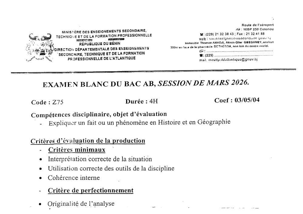Aperçu de la première page — BAC BLANC ATLANTIQUE Histoire Géographie Séries A1 A2 B 2026