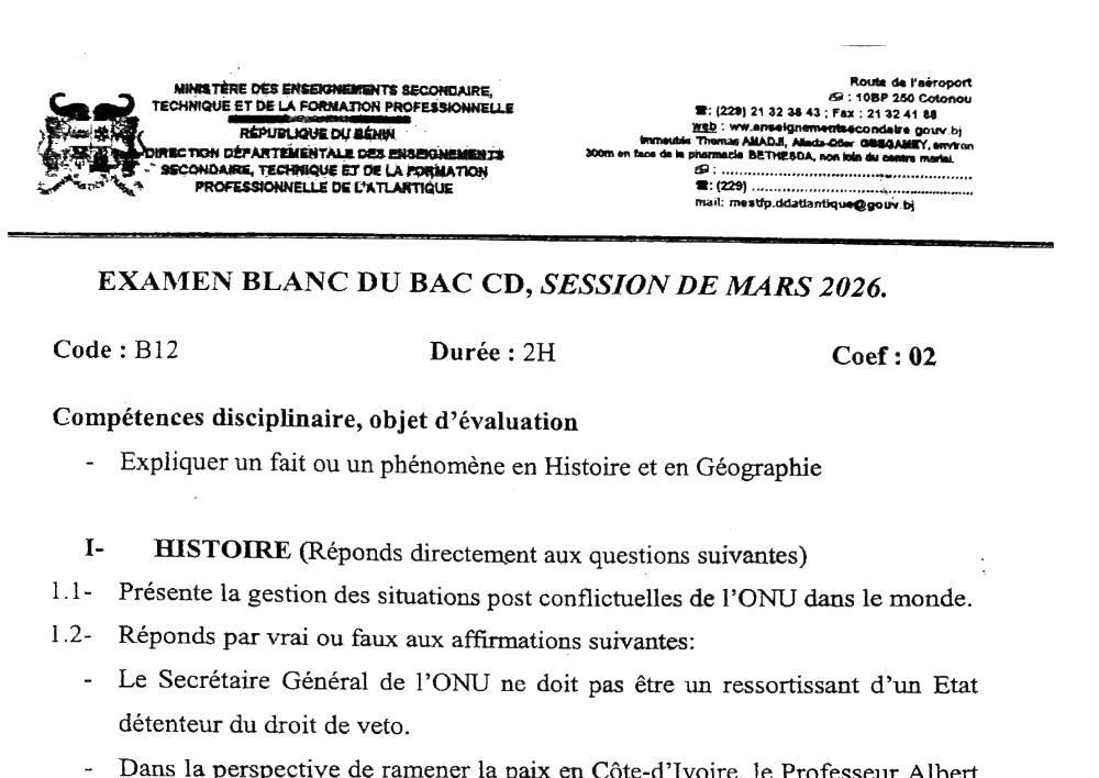 Aperçu de la première page — BAC BLANC ATLANTIQUE Histoire Géographie Séries C D 2026