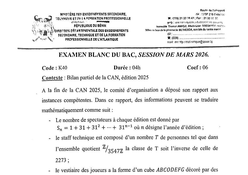 Aperçu de la première page — BAC BLANC ATLANTIQUE Mathématiques Série C 2026