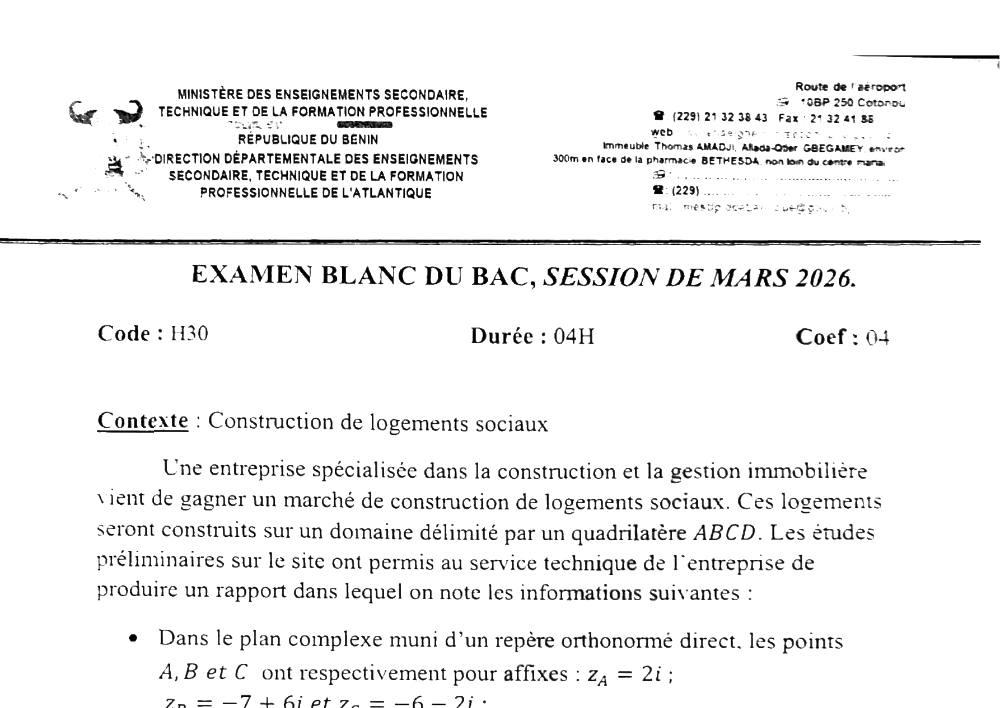 Aperçu de la première page — BAC BLANC ATLANTIQUE Mathématiques Série D 2026