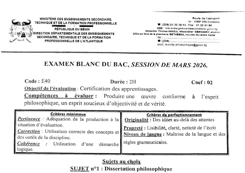 Aperçu de la première page — BAC BLANC ATLANTIQUE Philosophie Séries C D 2026