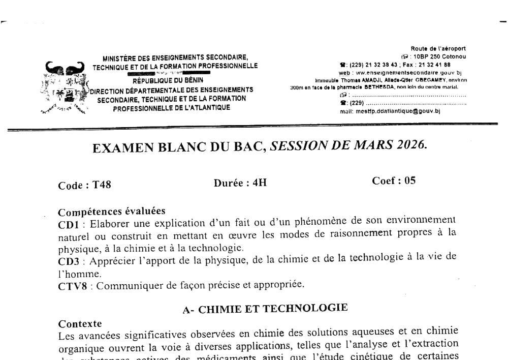 Aperçu de la première page — BAC BLANC ATLANTIQUE Physique Chimie Technologie Série C 2026