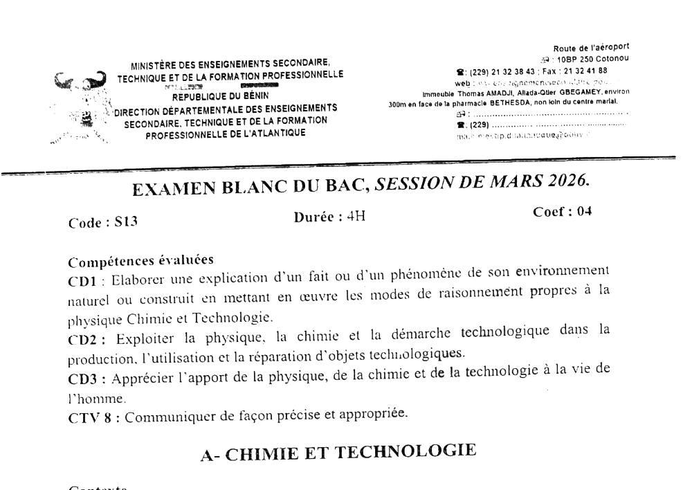 Aperçu de la première page — BAC BLANC ATLANTIQUE Physique Chimie Technologie Série D 2026