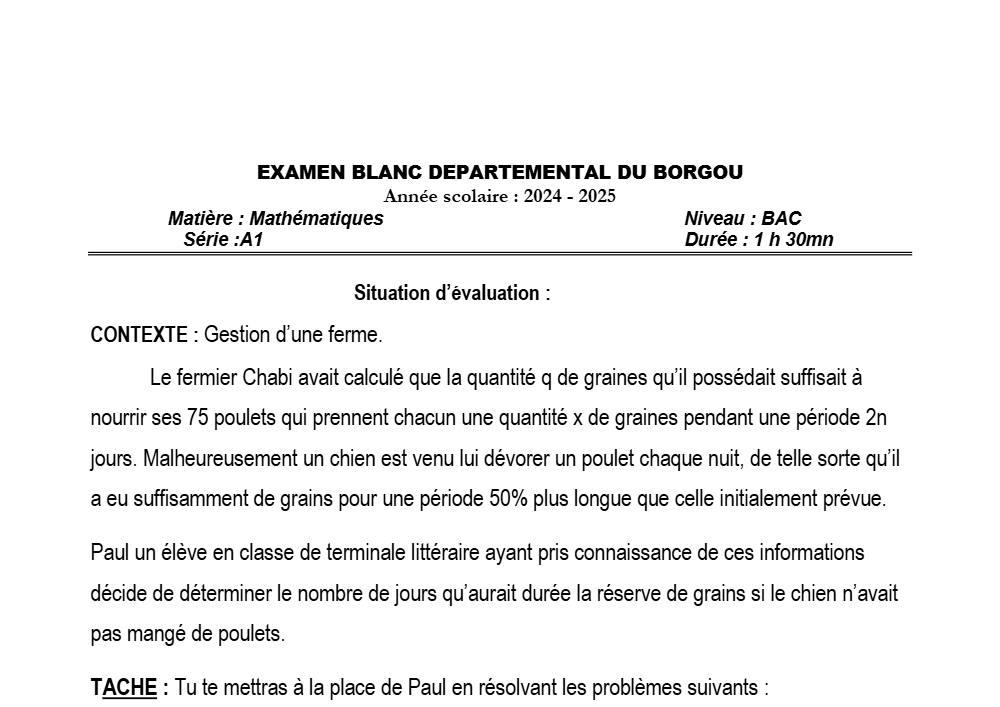 Aperçu de la première page — BAC BLANC BORGOU Mathématiques Série A1 2025