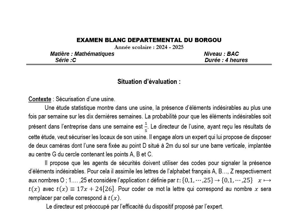 Aperçu de la première page — BAC BLANC BORGOU Mathématiques Série C 2025