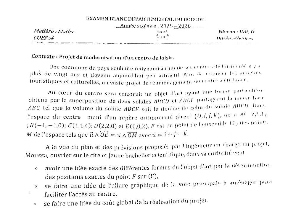 Aperçu de la première page — BAC BLANC BORGOU Mathématiques Série D 2026