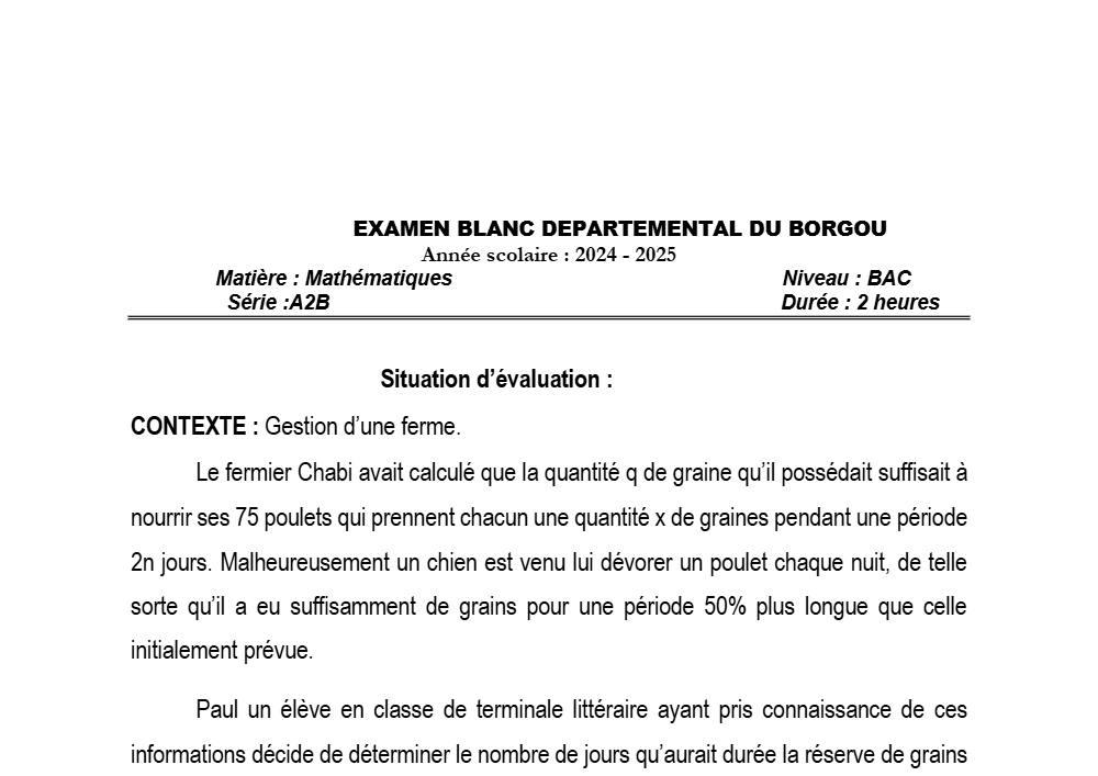 Aperçu de la première page — BAC BLANC BORGOU Mathématiques Séries A2 B 2025 (2)