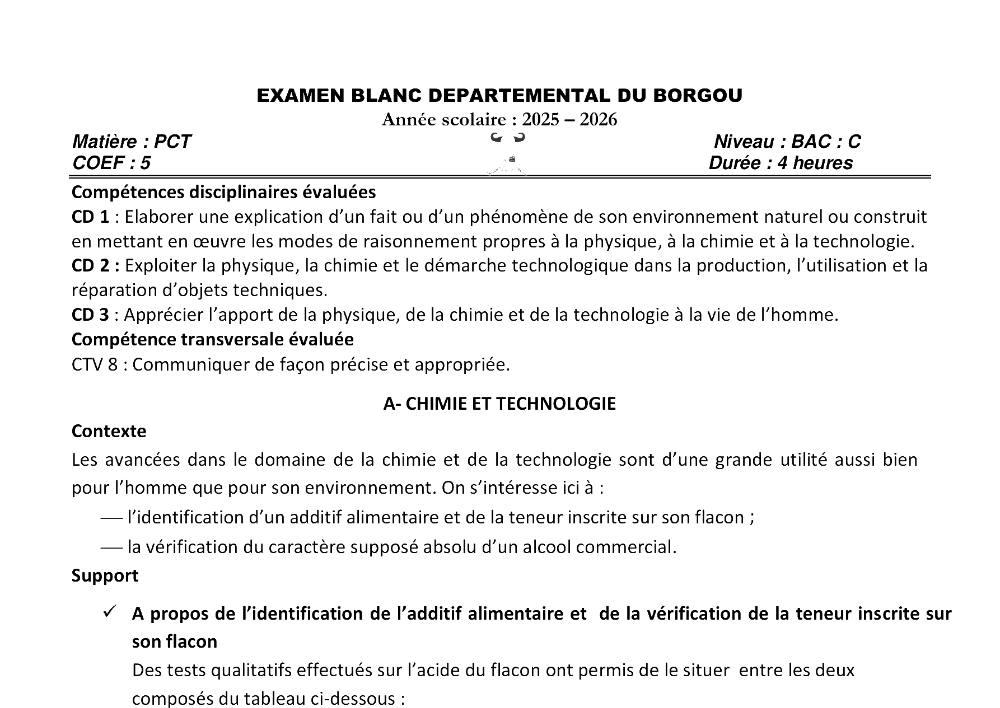 Aperçu de la première page — BAC BLANC BORGOU Physique Chimie Technologie Série C 2026