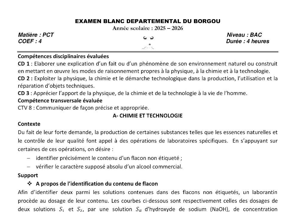 Aperçu de la première page — BAC BLANC BORGOU Physique Chimie Technologie Série D 2026