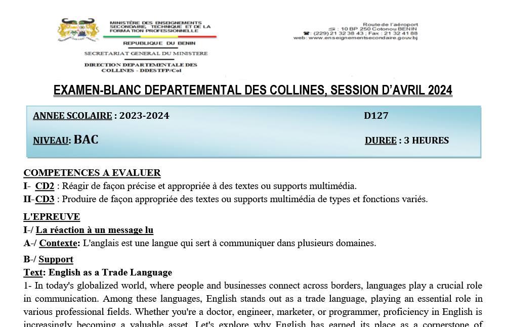 Aperçu de la première page — TleA1&A2 Anglais (LV1) - Examen Blanc - Collines