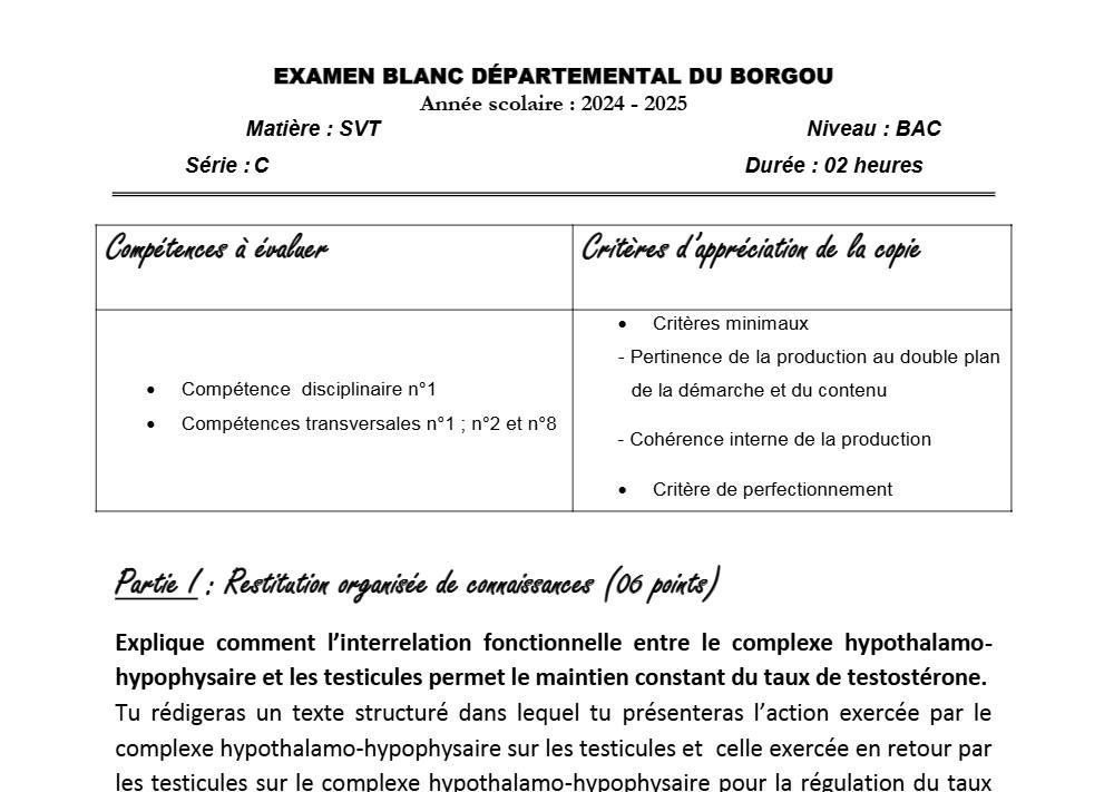 Aperçu de la première page — BAC BLANC BORGOU SVT Série C 2025