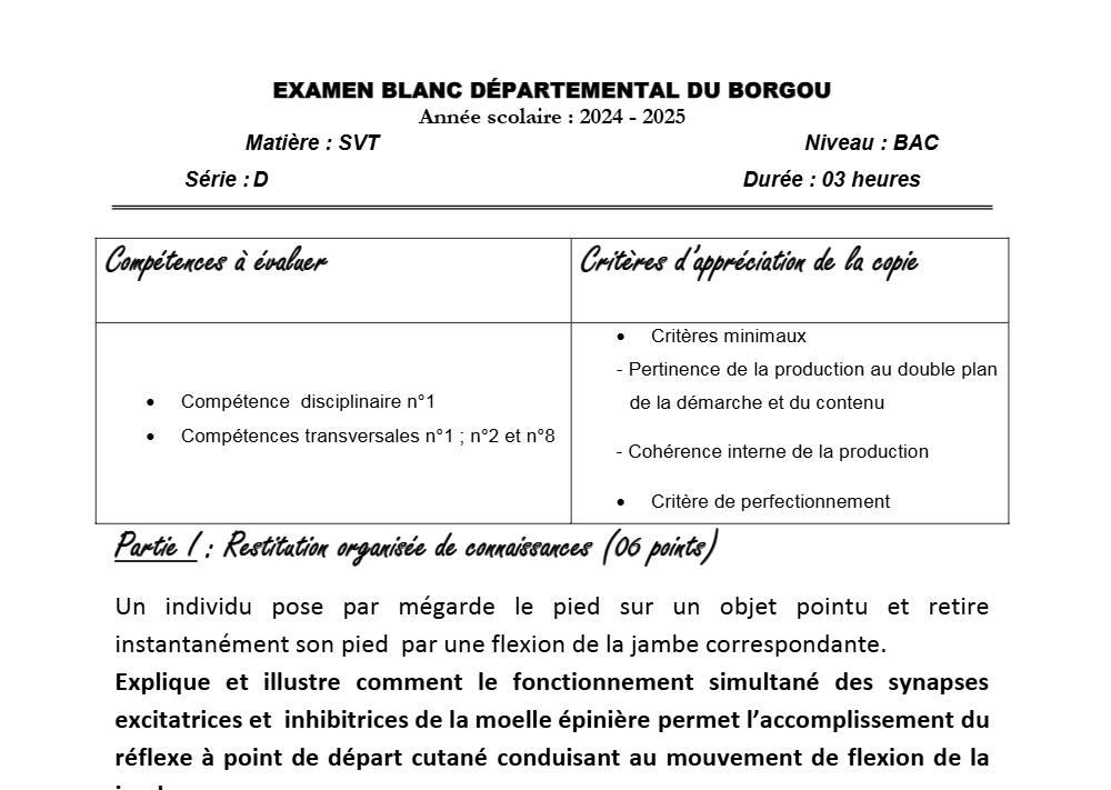 Aperçu de la première page — BAC BLANC BORGOU SVT Série D 2025