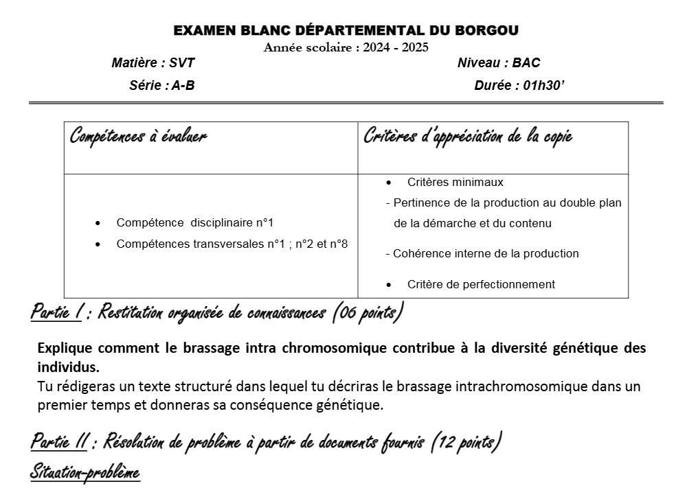 Aperçu de la première page — BAC BLANC BORGOU SVT Séries A1 A2 B 2025