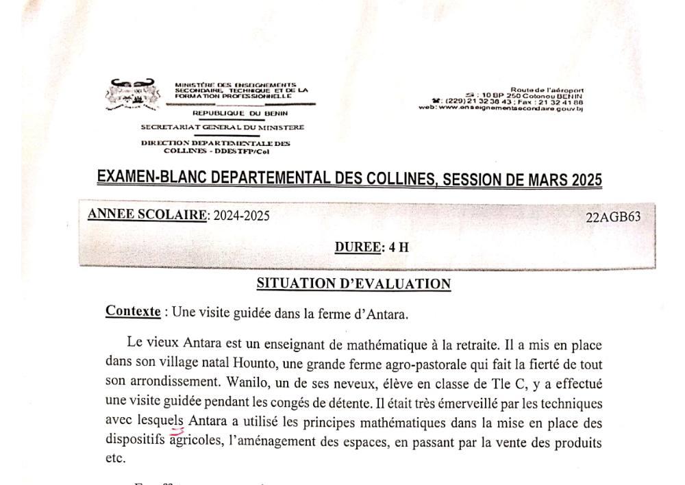 Aperçu de la première page — BAC BLANC COLLINES Mathématiques Série C Mars 2025