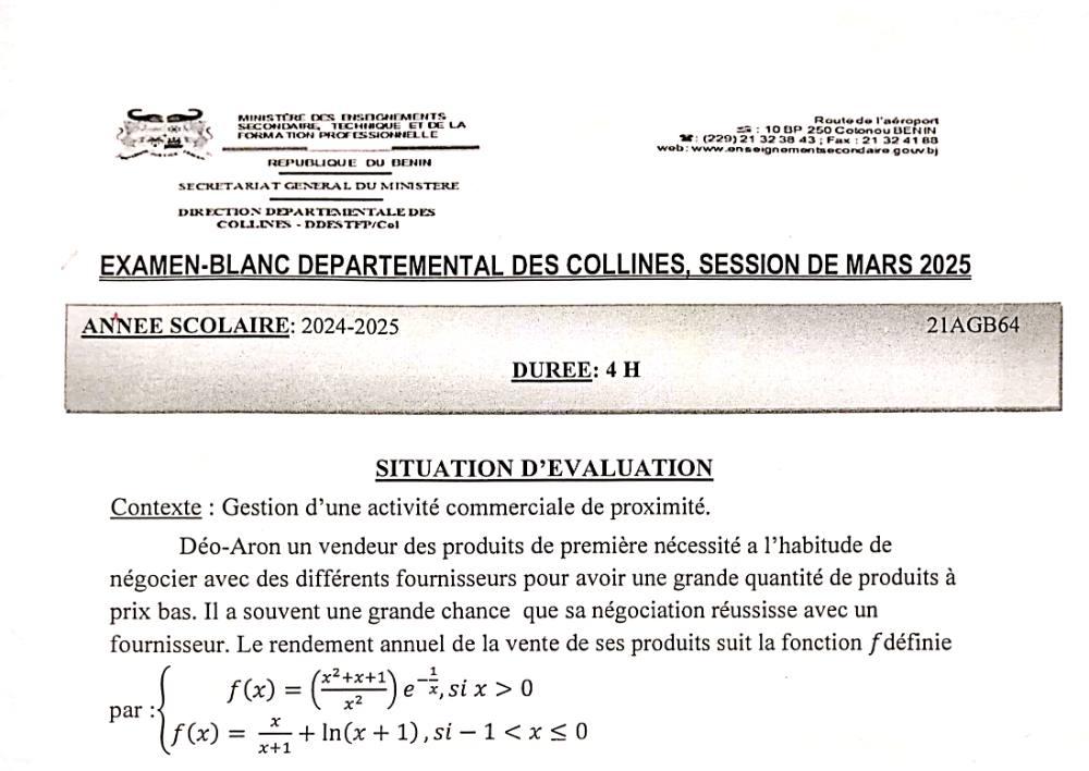 Aperçu de la première page — BAC BLANC COLLINES Mathématiques Série D Mars 2025