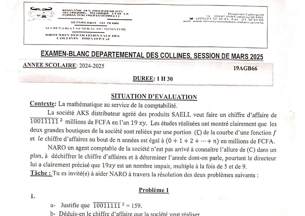 Aperçu de la première page — BAC BLANC COLLINES Mathématiques Séries A2 B Mars 2025