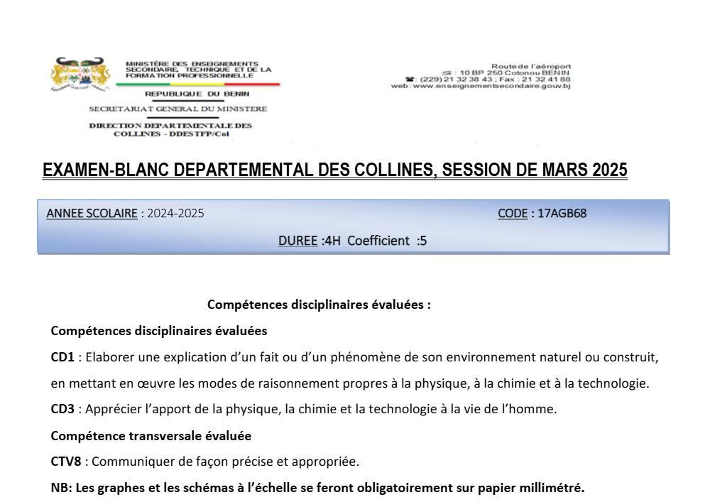 Aperçu de la première page — BAC BLANC COLLINES Physique Chimie Technologie Série C Mars 2025