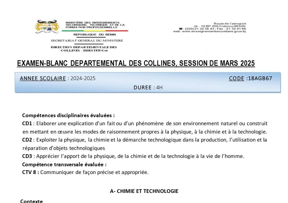 Aperçu de la première page — BAC BLANC COLLINES Physique Chimie Technologie Série D Mars 2025