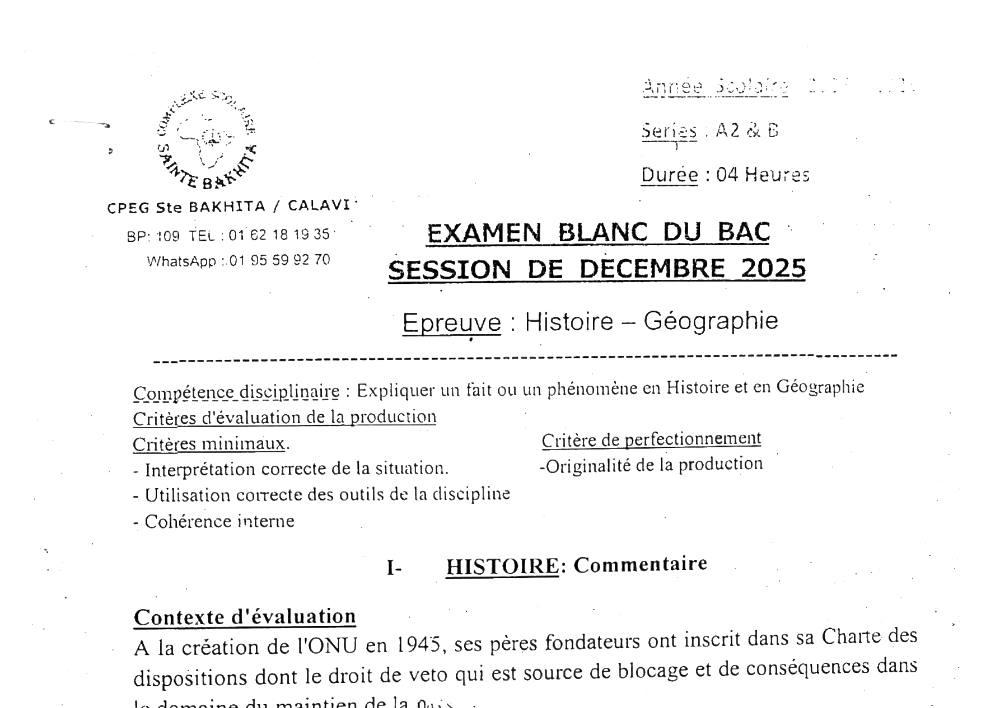 Aperçu de la première page — BAC BLANC CPEG SAINTE BAKHITA Histoire Géographie Séries A2 B Décembre 2025