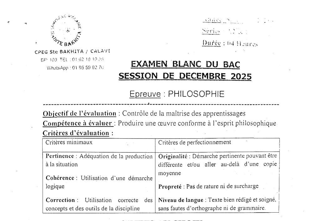Aperçu de la première page — BAC BLANC CPEG SAINTE BAKHITA Philosophie Séries A2 B Décembre 2025