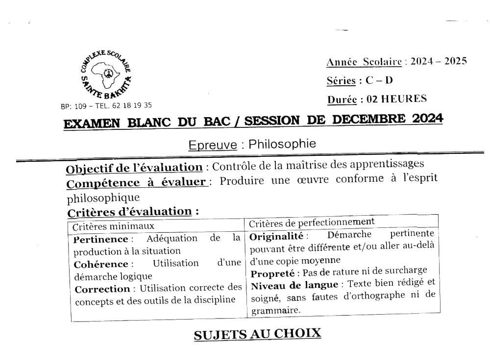 Aperçu de la première page — BAC BLANC CPEG SAINTE BAKHITA Philosophie Séries C D Décembre 2024
