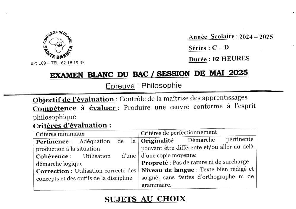 Aperçu de la première page — BAC BLANC CPEG SAINTE BAKHITA Philosophie Séries C D Mai 2025