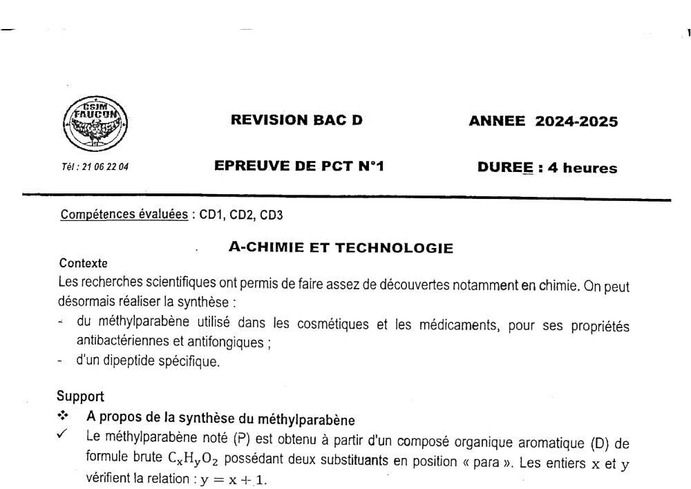 Aperçu de la première page — BAC BLANC CPEG SAINTE BAKHITA Physique Chimie Technologie Série D 2025