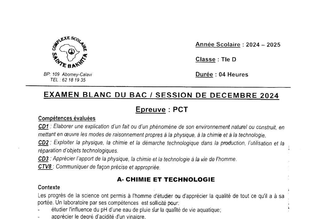 Aperçu de la première page — BAC BLANC CPEG SAINTE BAKHITA Physique Chimie Technologie Série D Décembre 2024