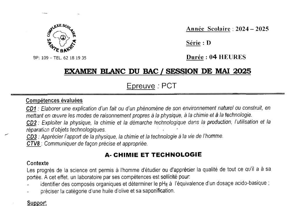 Aperçu de la première page — BAC BLANC CPEG SAINTE BAKHITA Physique Chimie Technologie Série D Mai 2025