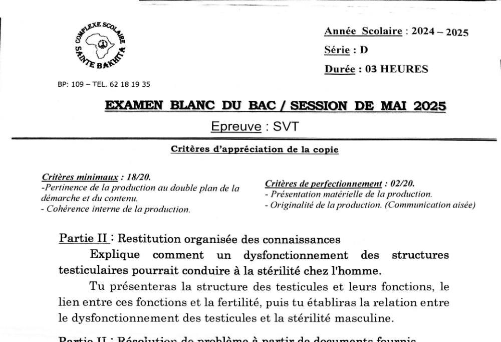 Aperçu de la première page — BAC BLANC CPEG SAINTE BAKHITA SVT Série D Mai 2025
