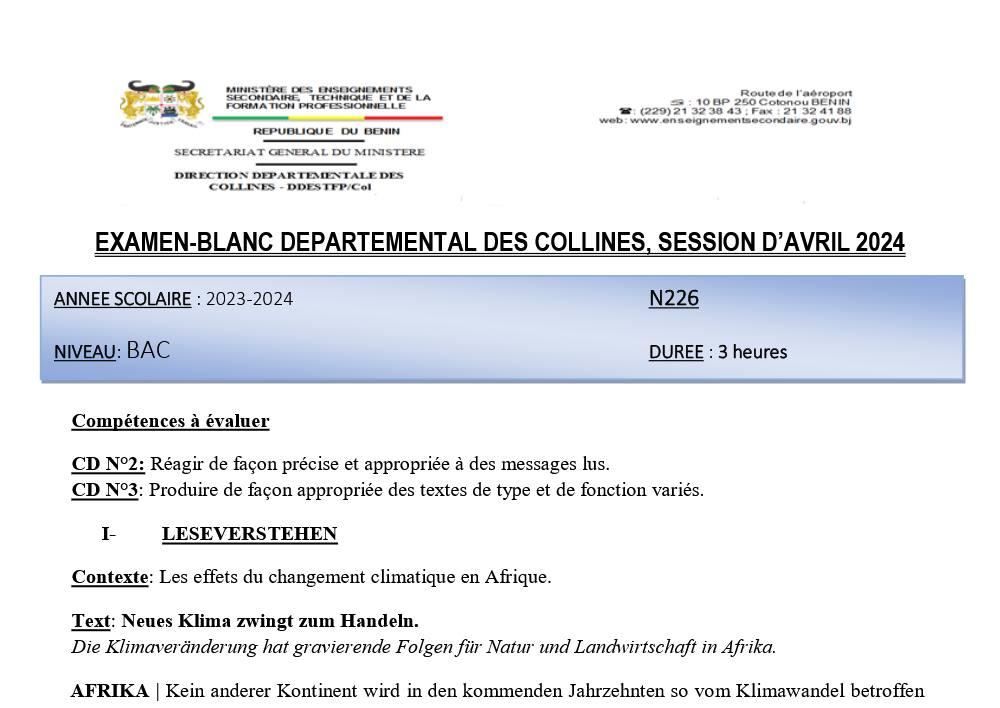 Aperçu de la première page — TleA1 A2 B Allemand (LV1) - Examen Blanc - Collines