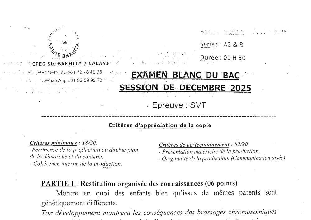 Aperçu de la première page — BAC BLANC CPEG SAINTE BAKHITA SVT Séries A2 B Décembre 2025