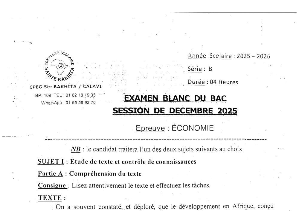 Aperçu de la première page — BAC BLANC CPEG SAINTE BAKHITA Économie Série B Décembre 2025